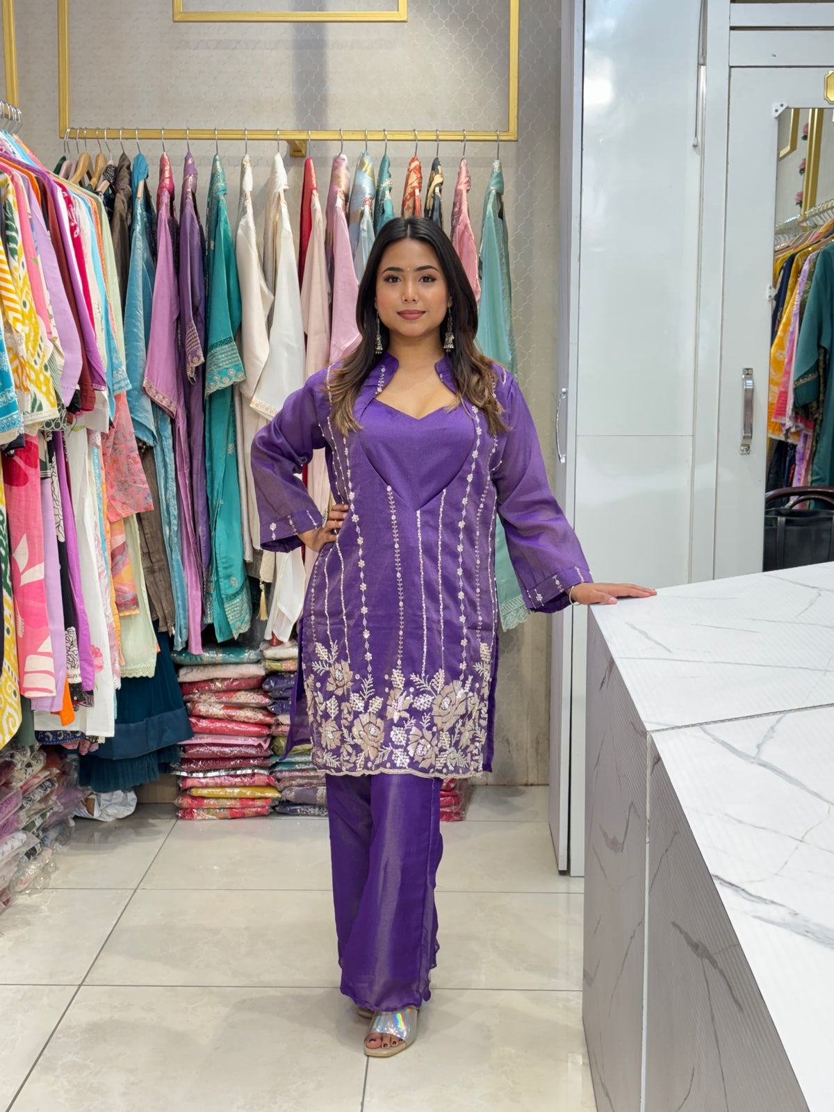 Purple Premium Tissue Embroidered Bustier Set