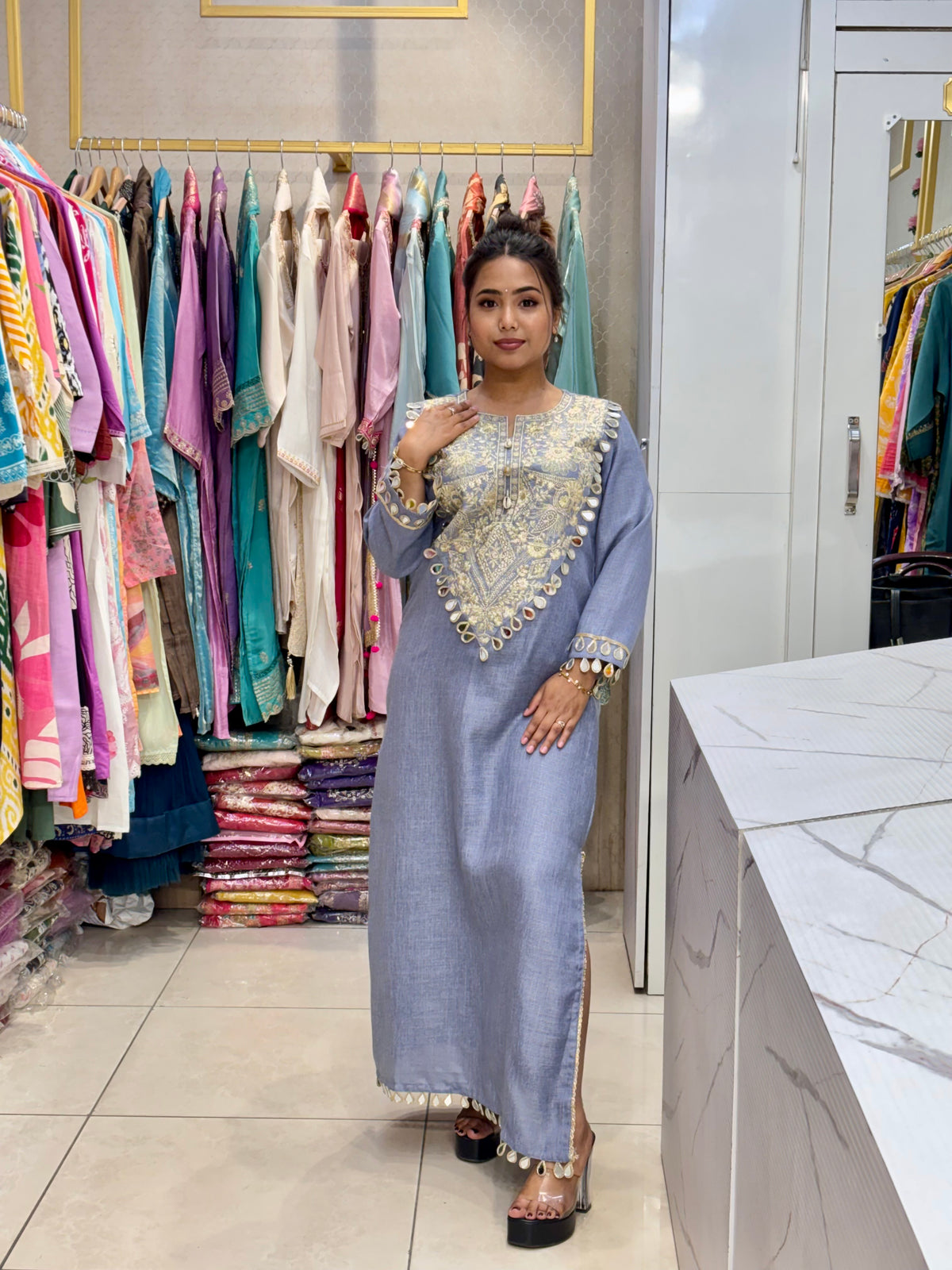 Slate Grey Embroidered Kaftan Kurta