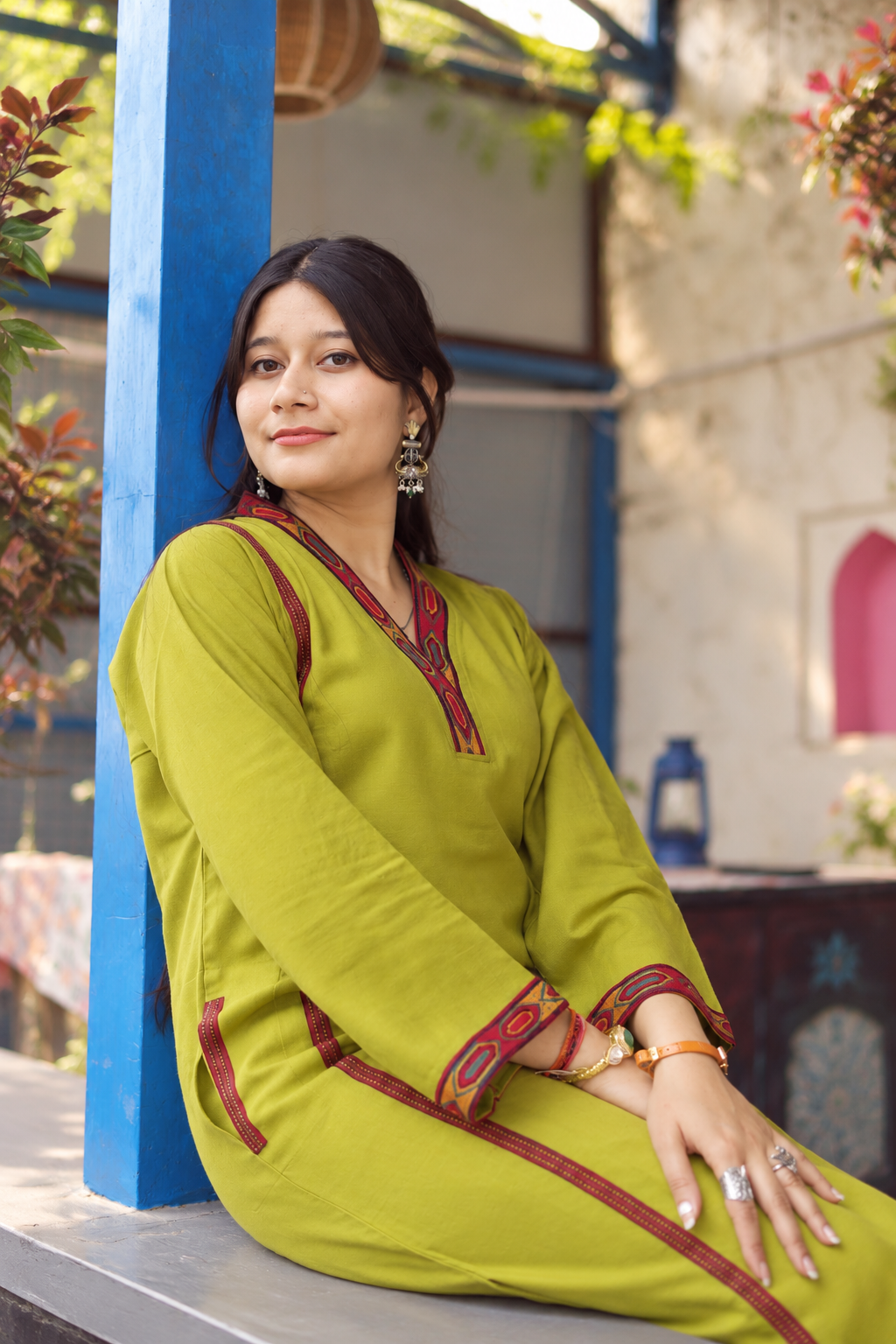 Parvati Himachali Choga Set - Olive Green