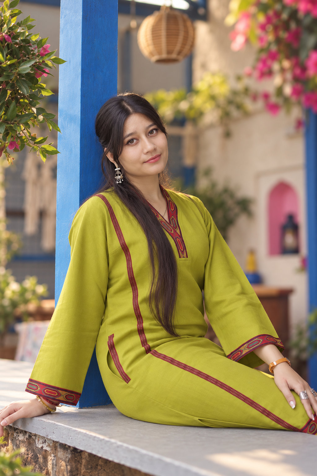 Parvati Himachali Choga Set - Olive Green