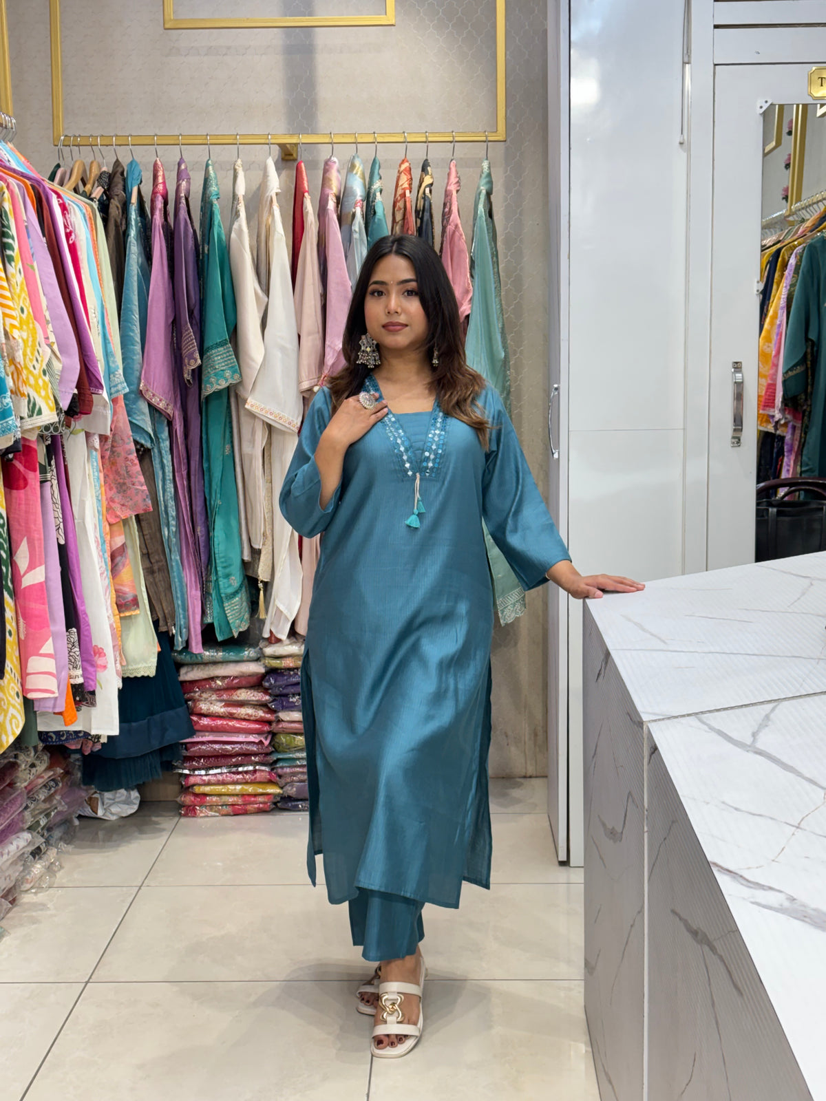 Teal Blue Mirror Kurta Pant Set