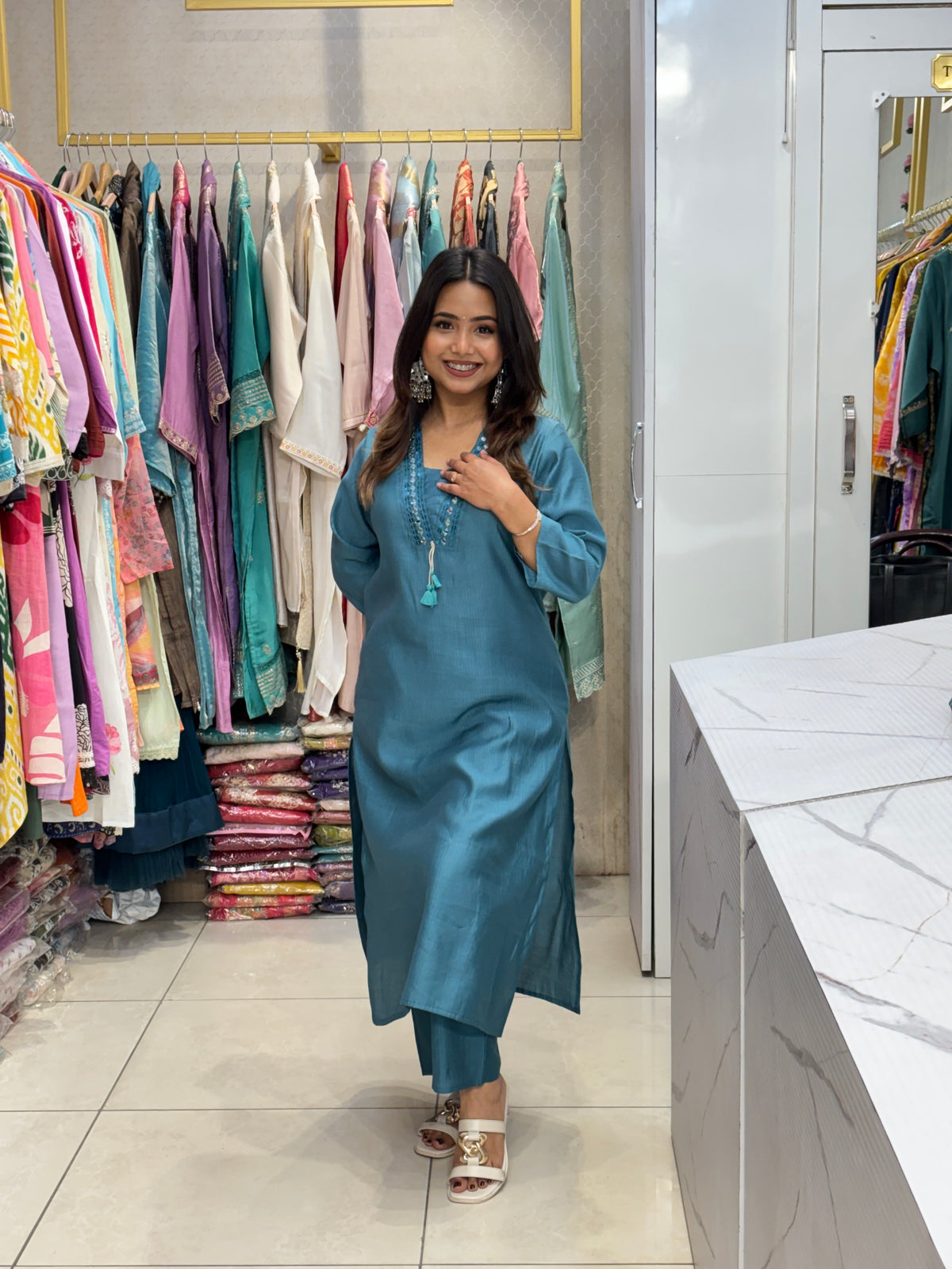Teal Blue Mirror Kurta Pant Set