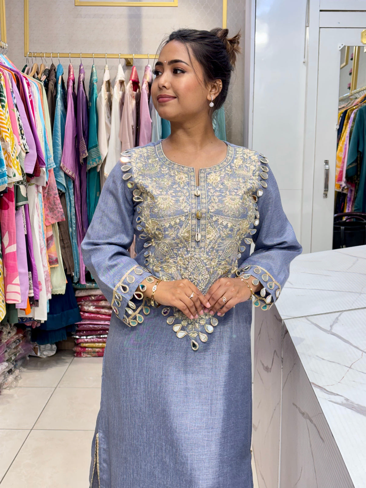Slate Grey Embroidered Kaftan Kurta