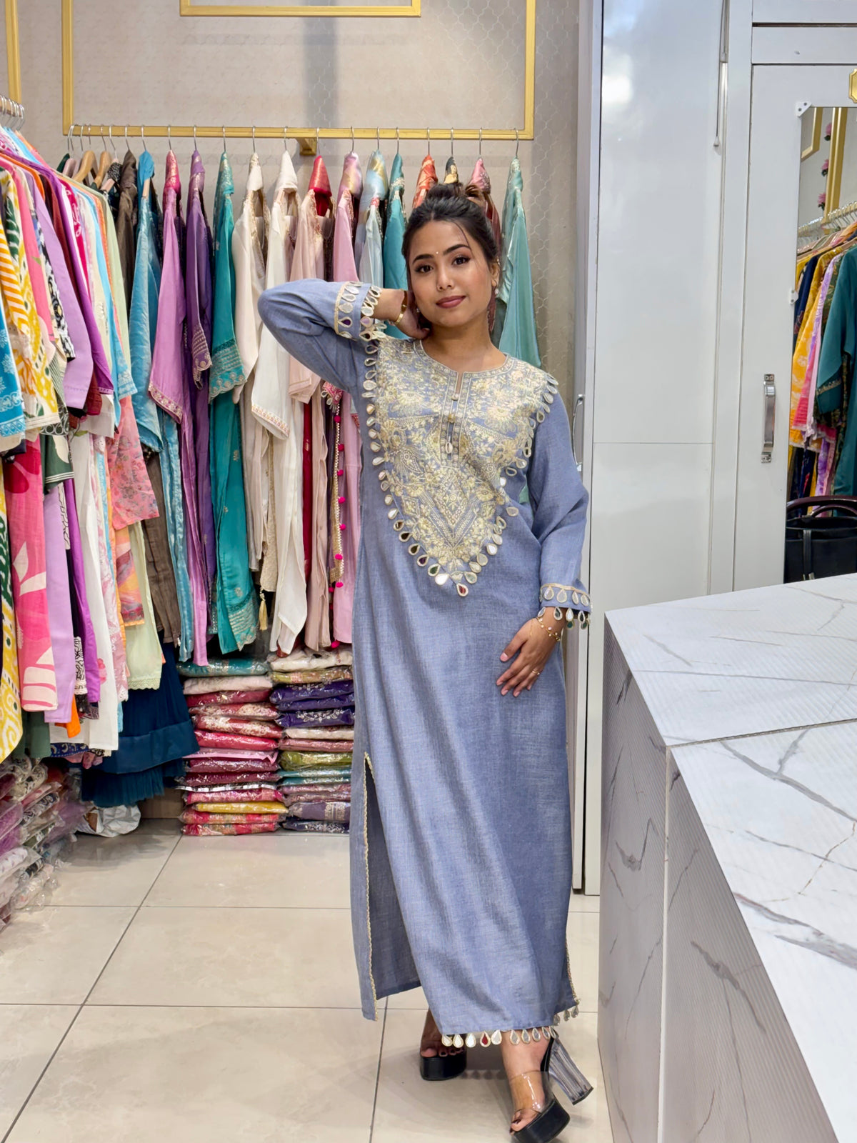 Slate Grey Embroidered Kaftan Kurta