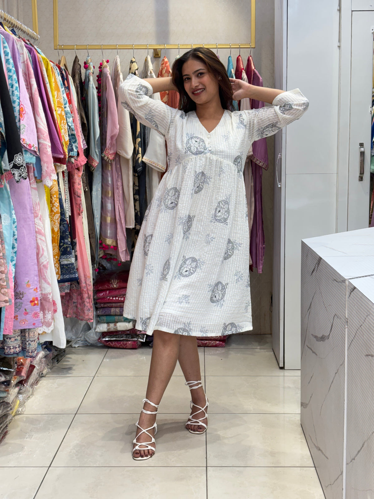 White Circle Print Dress