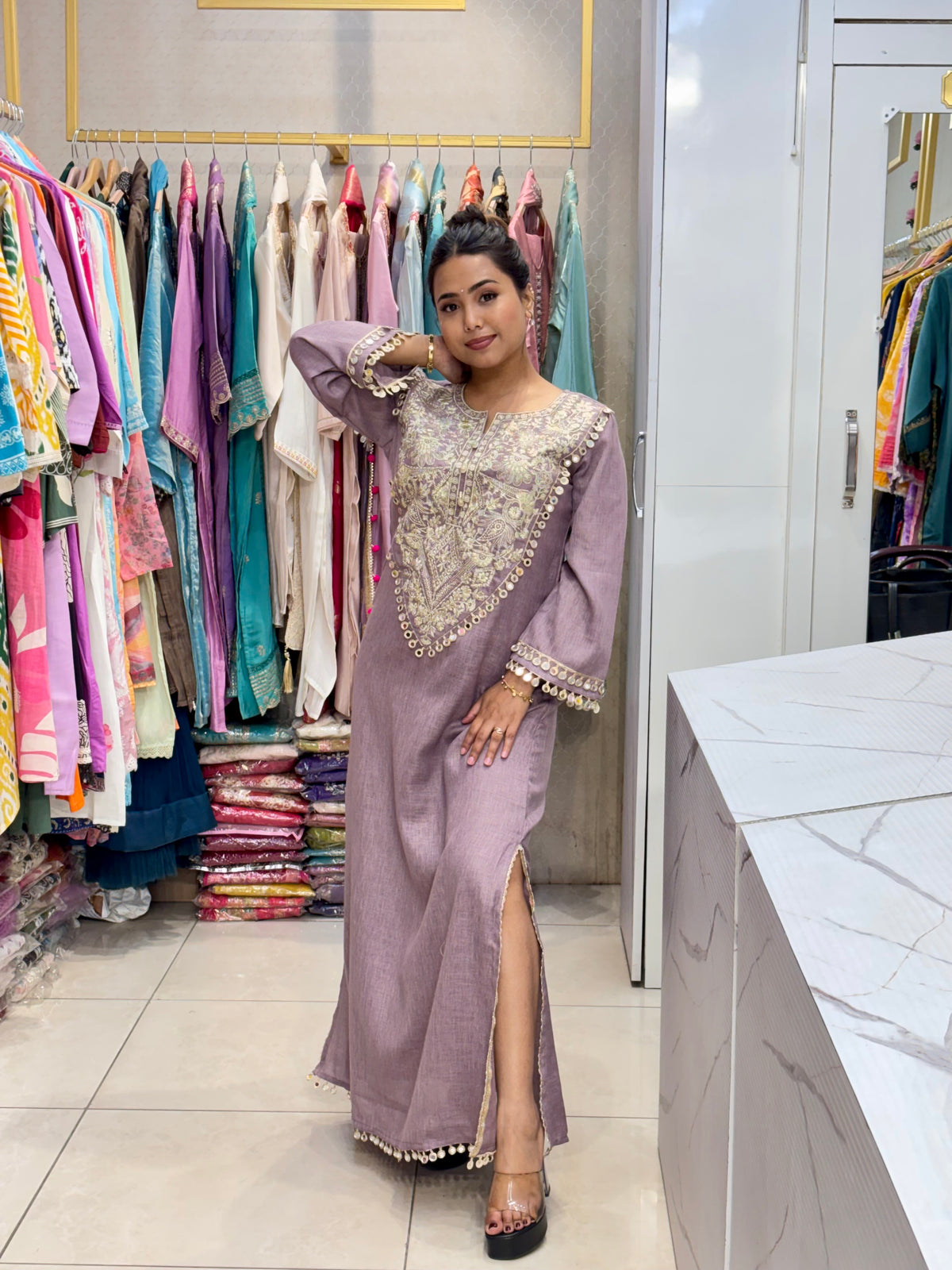 Lilac Embroidered Kaftan Kurta