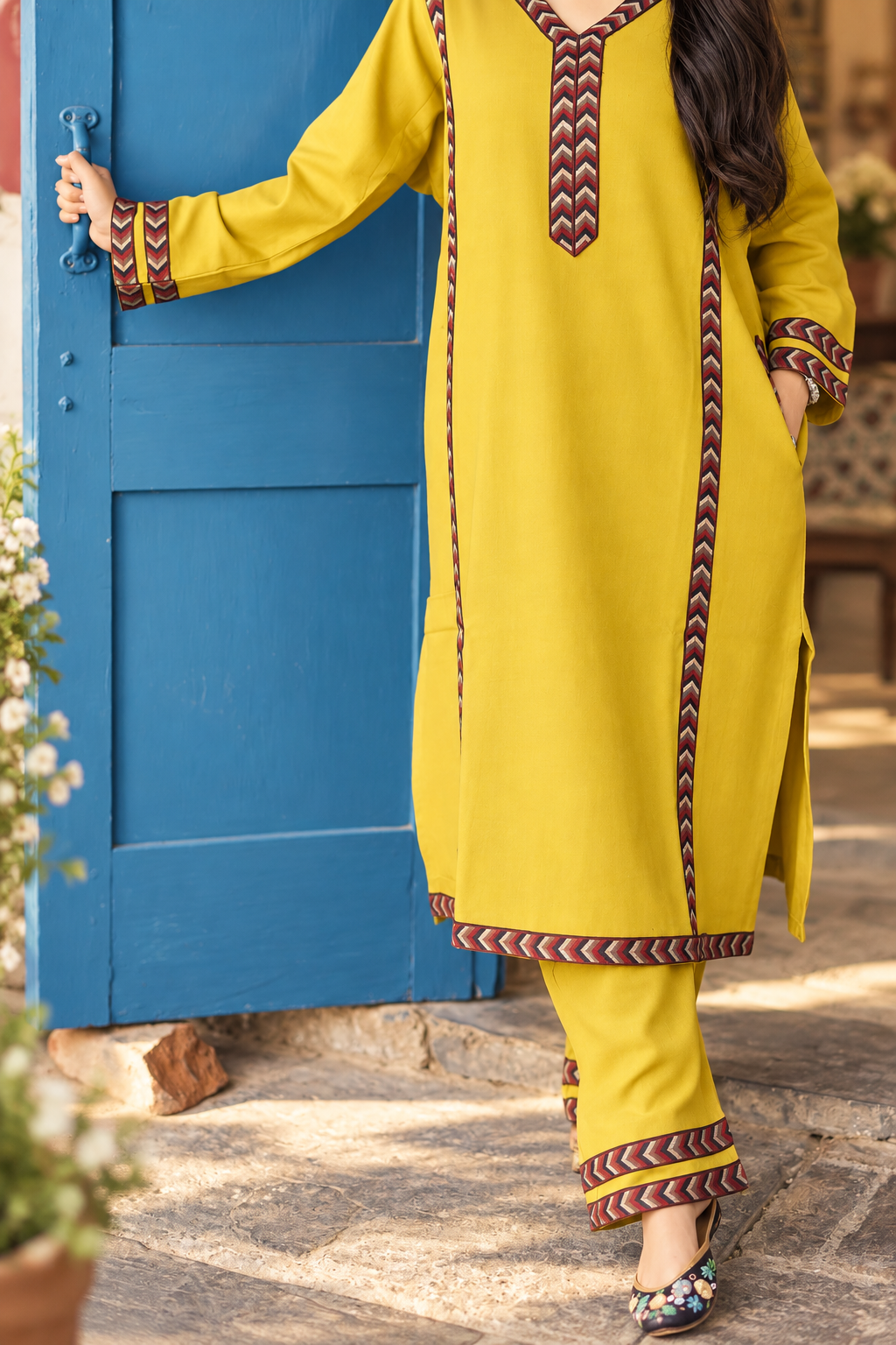 Spiti Himachali Choga Set - Mustard Yellow