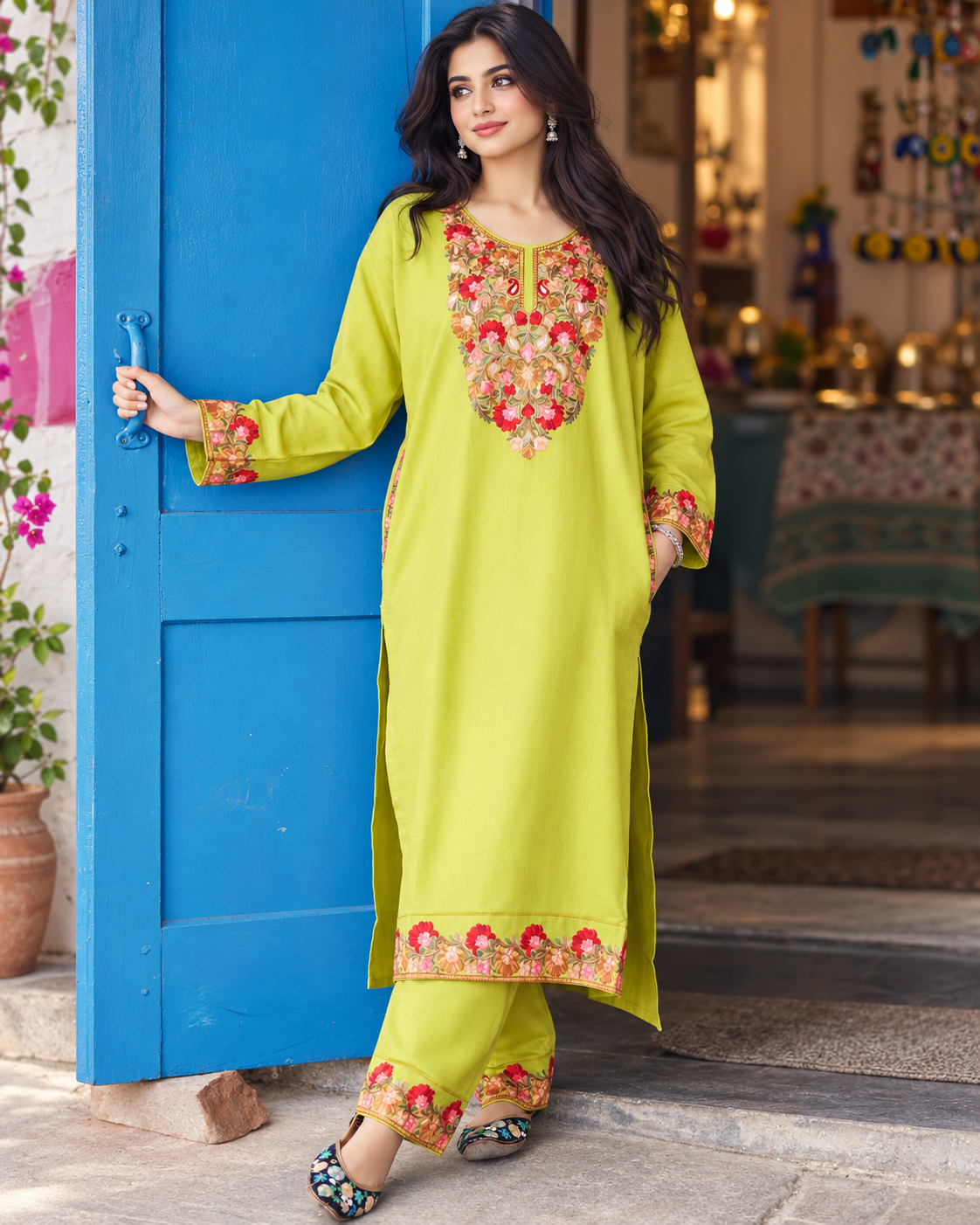Bahar Lime Olive Pheran Set