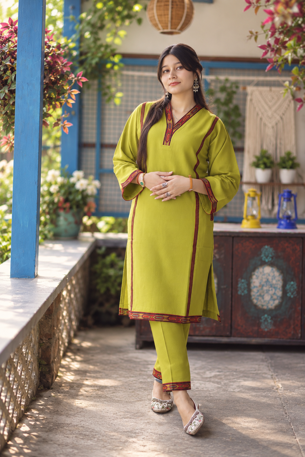 Parvati Himachali Choga Set - Olive Green