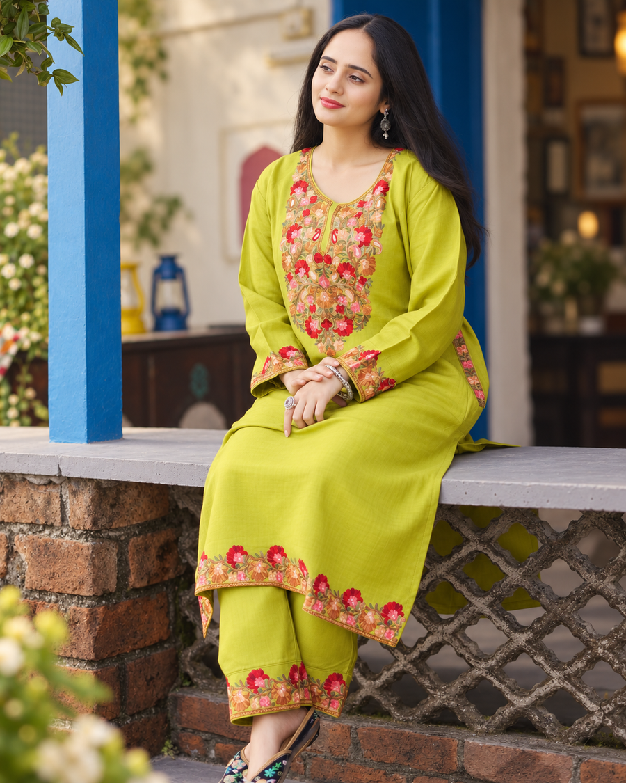 Bahar Lime Olive Pheran Set