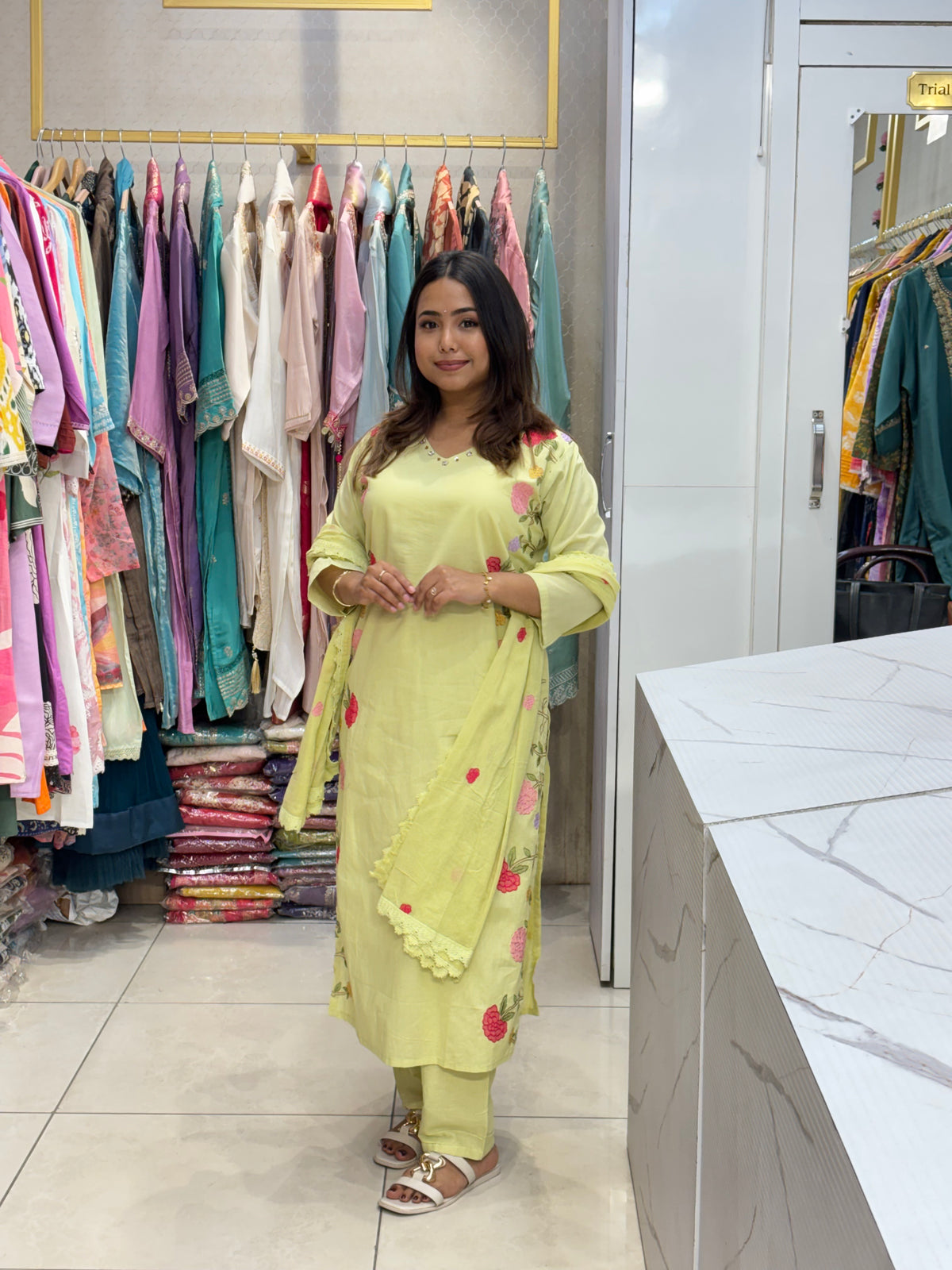 Lime Floral Embroidered Kurta Set