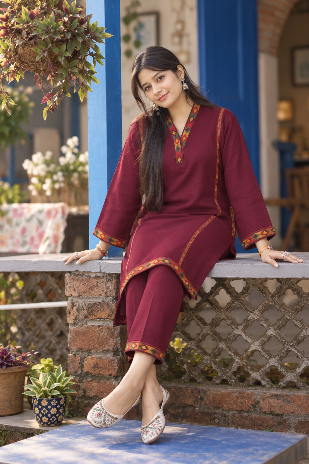 Kinnaur Himachali Choga Set - Wine