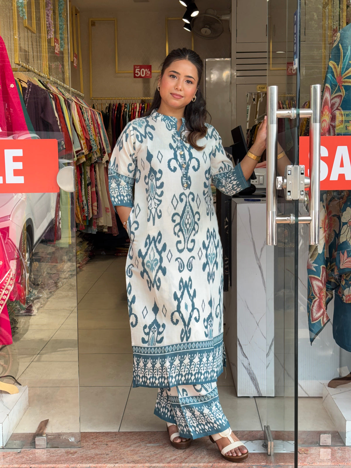 Teal Ivory Ikkat Charm Kurta Set