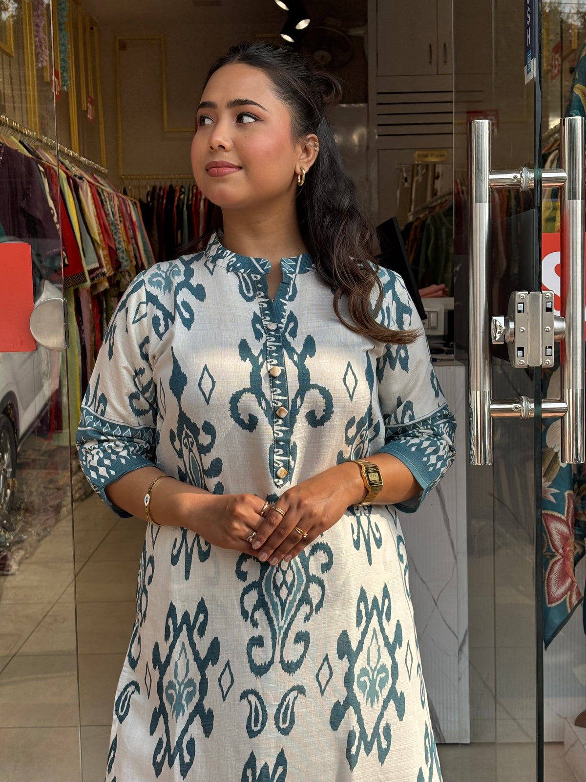 Teal Ivory Ikkat Charm Kurta Set