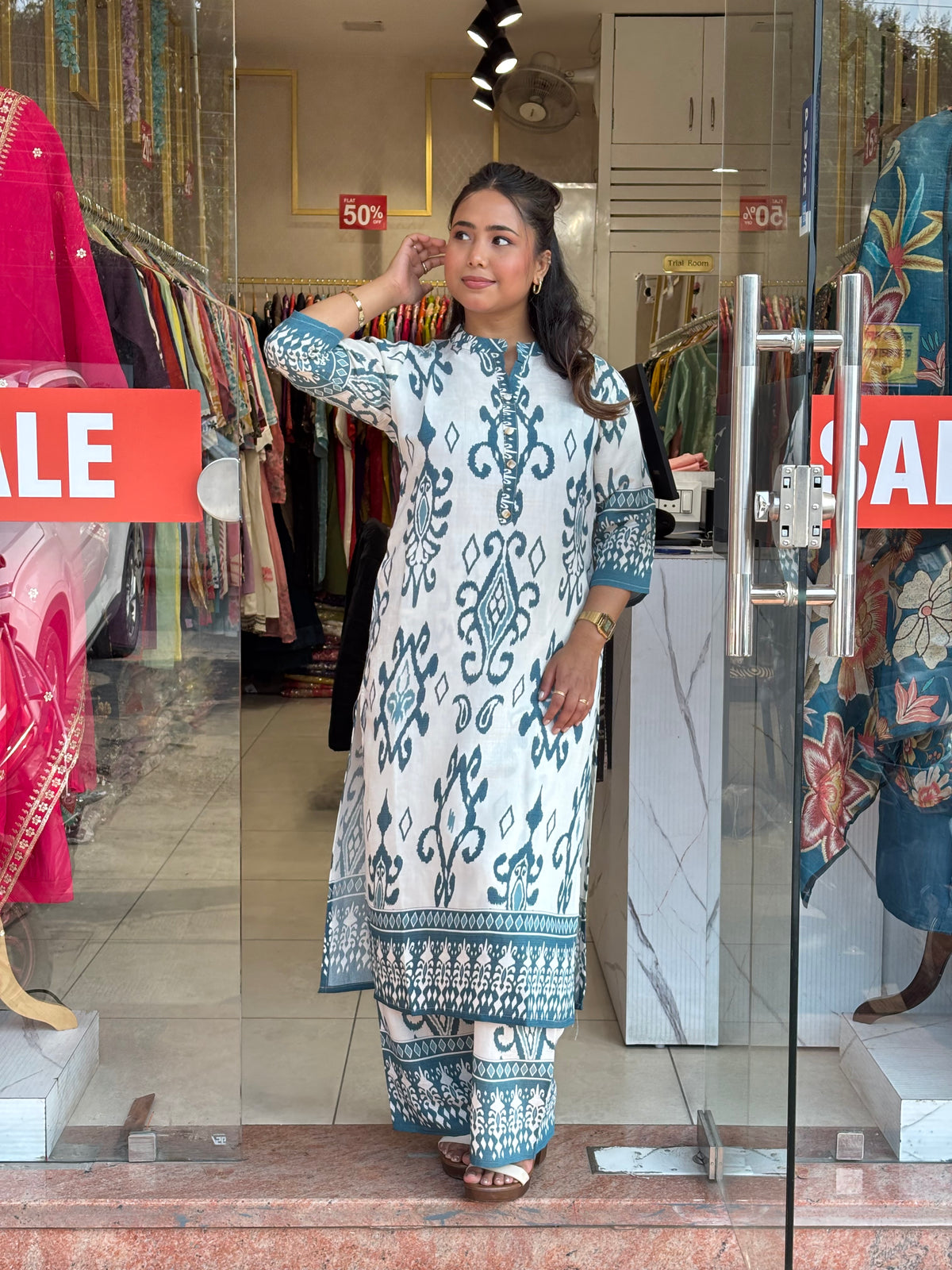 Teal Ivory Ikkat Charm Kurta Set