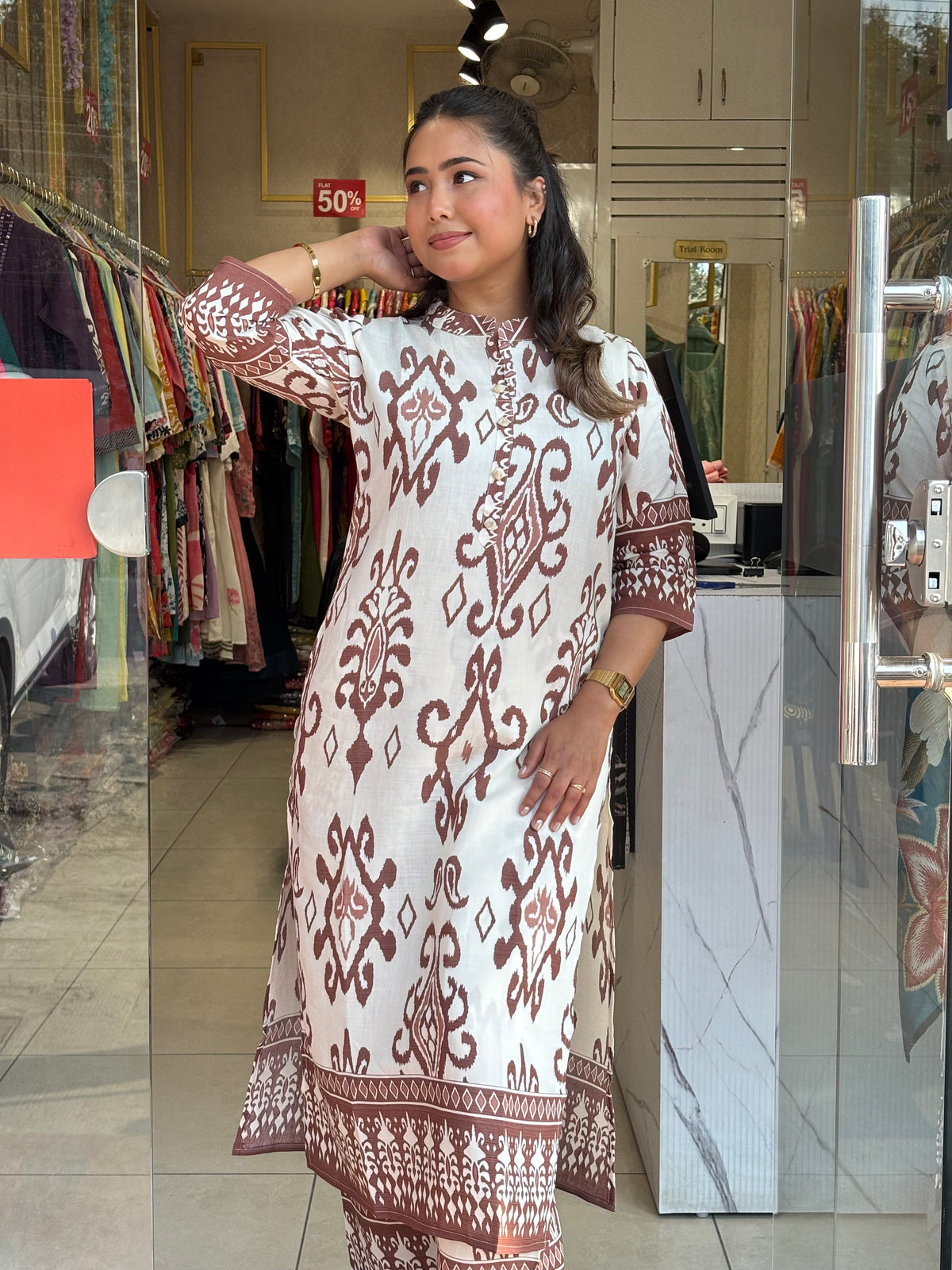 Brown Ivory Ikkat Charm Kurta Set