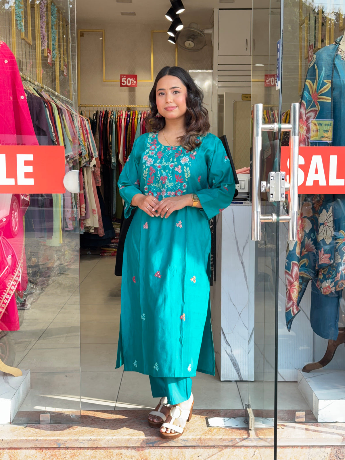 Emerald Teal Floral Embroidered Kurta Set