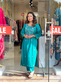 Emerald Teal Floral Embroidered Kurta Set