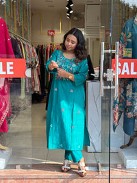 Emerald Teal Floral Embroidered Kurta Set