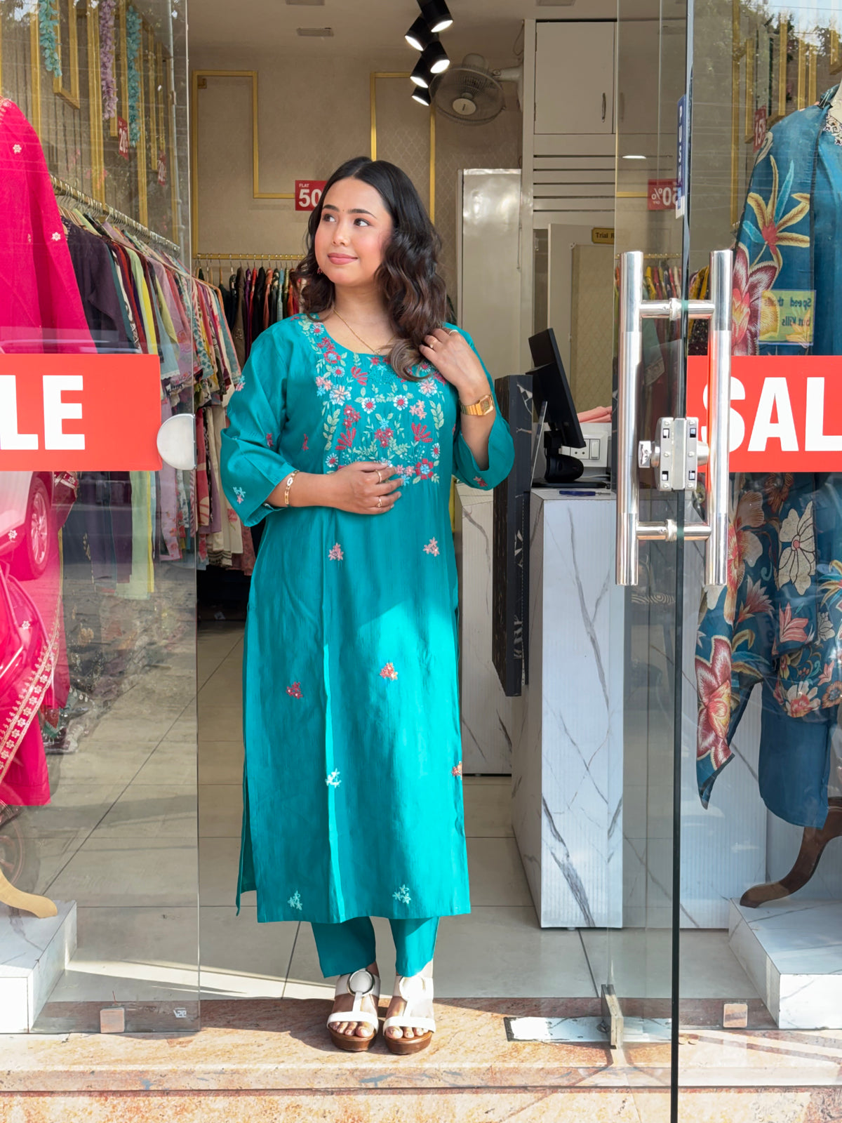Emerald Teal Floral Embroidered Kurta Set