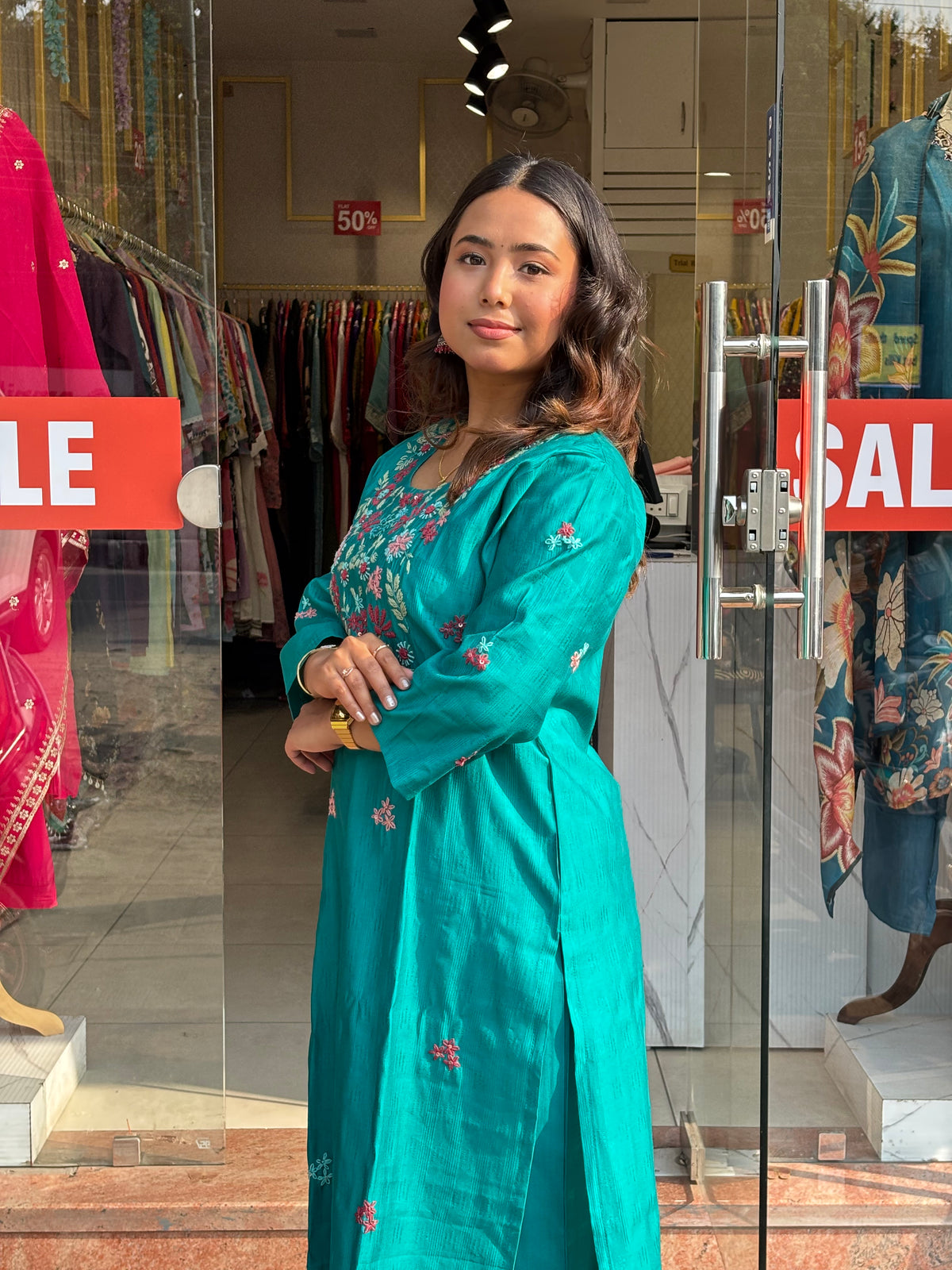Emerald Teal Floral Embroidered Kurta Set