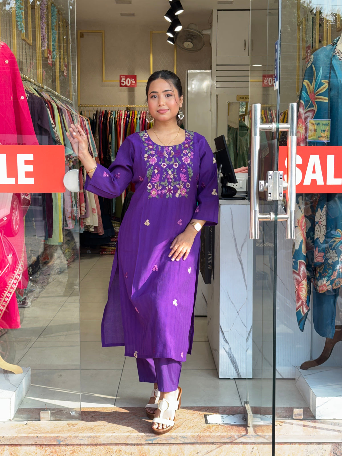 Royal Violet Floral Embroidered Kurta Set