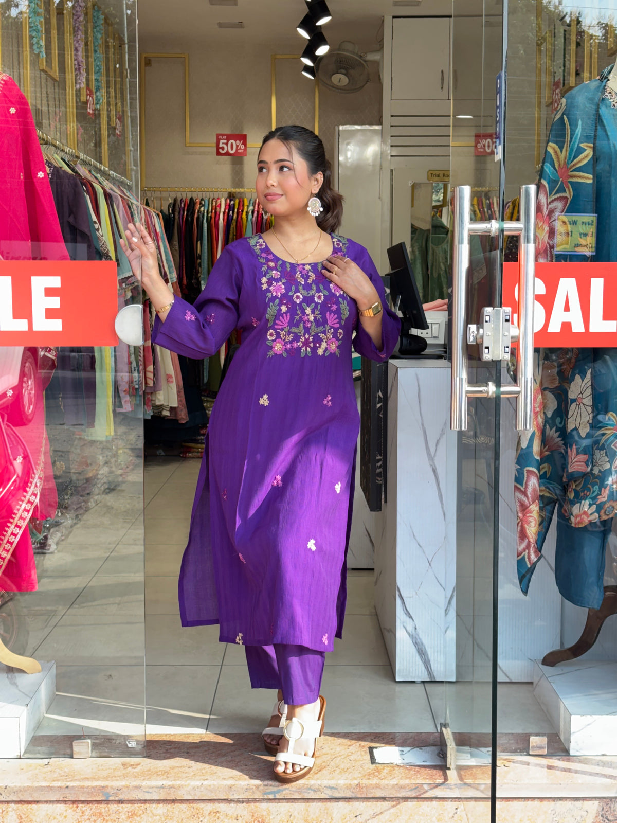 Royal Violet Floral Embroidered Kurta Set