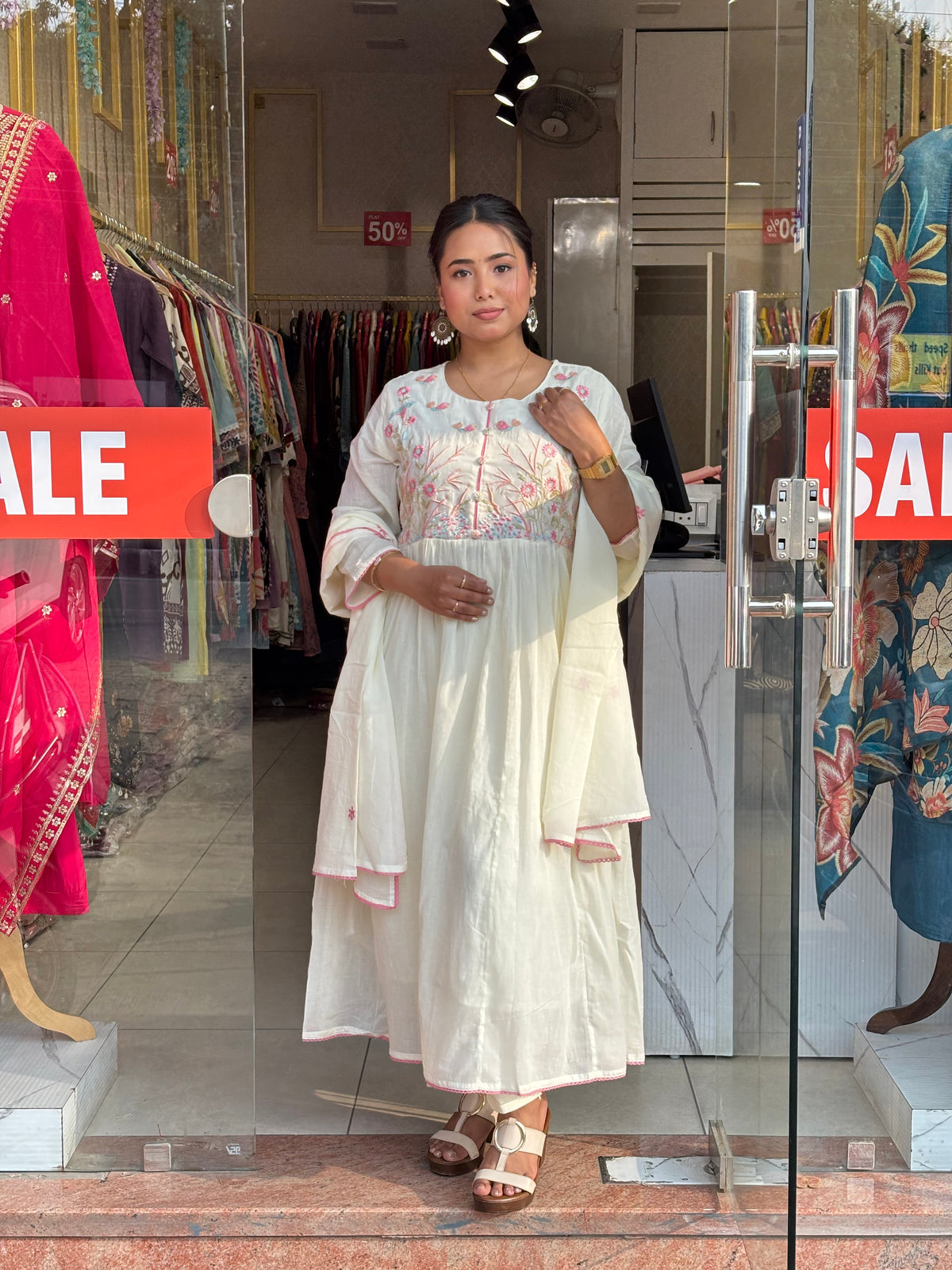 Floral Bloom Anarkali Set – Ivory Cream