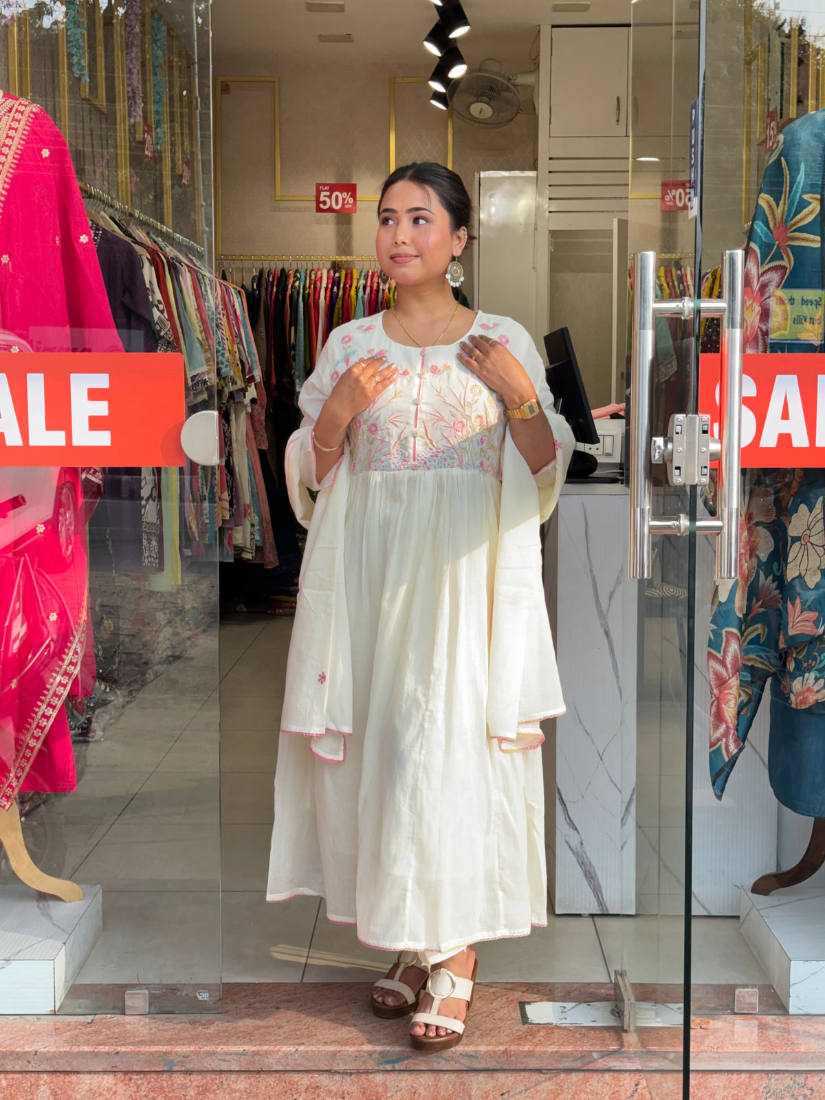 Floral Bloom Anarkali Set – Ivory Cream