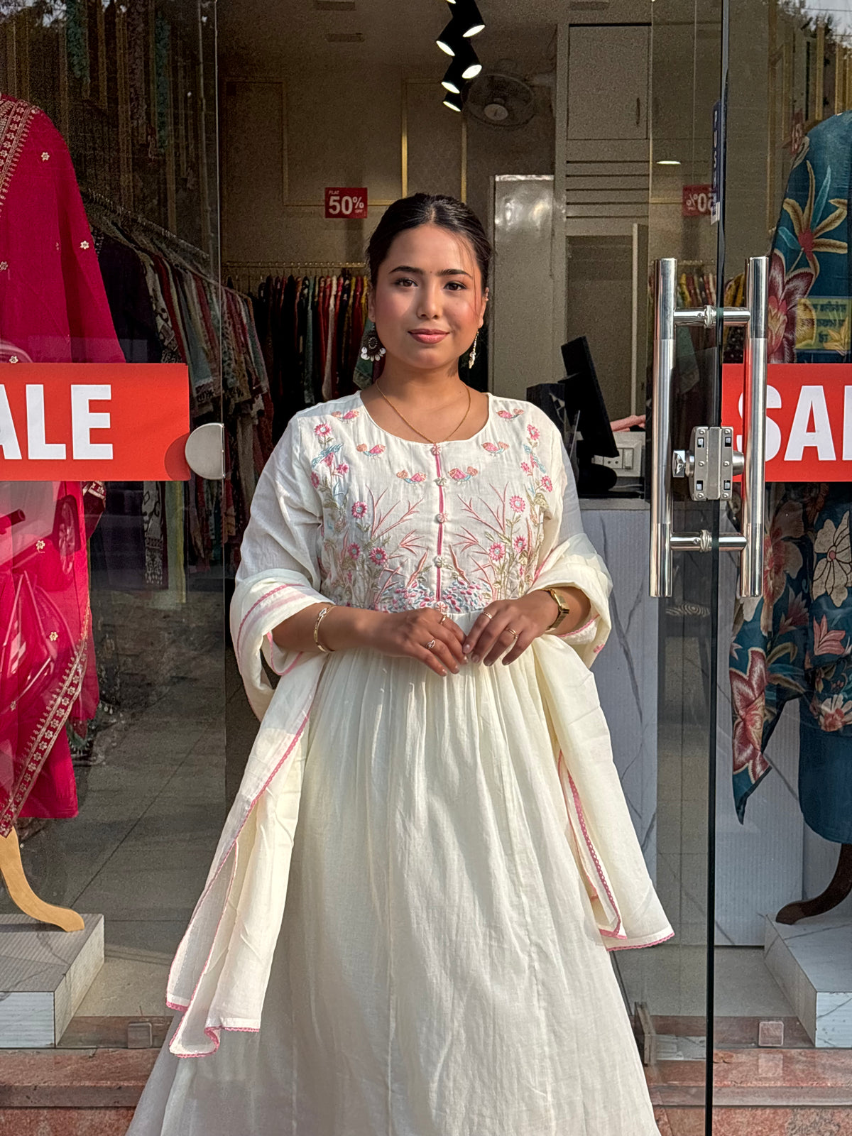 Floral Bloom Anarkali Set – Ivory Cream