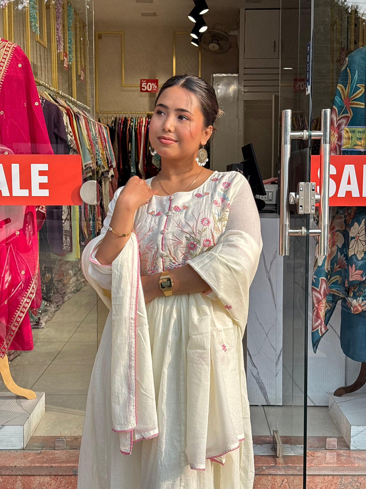 Floral Bloom Anarkali Set – Ivory Cream
