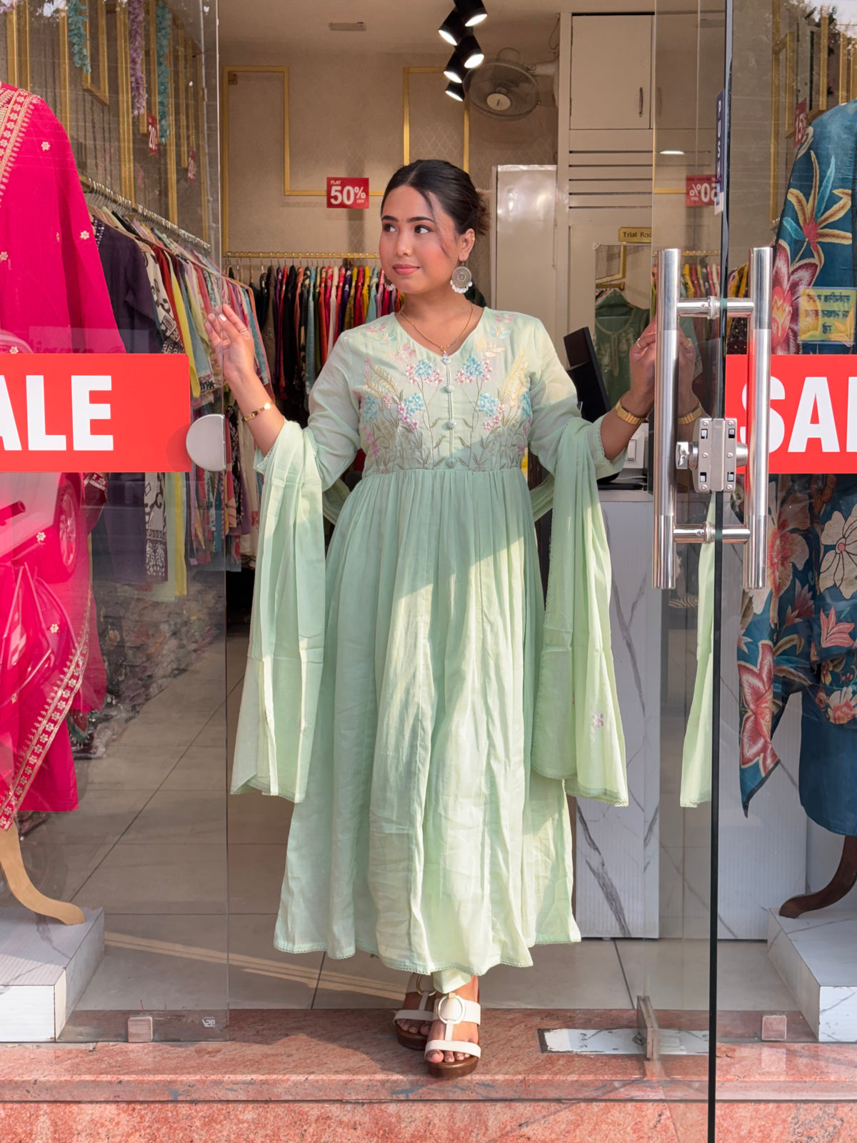 Floral Bloom Anarkali Set – Mint Green