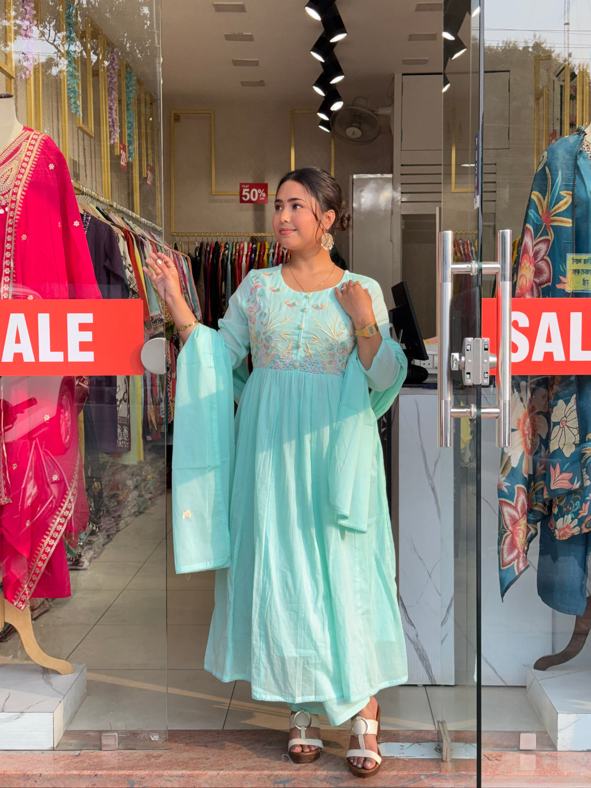 Floral Bloom Anarkali Set – Seafoam Blue