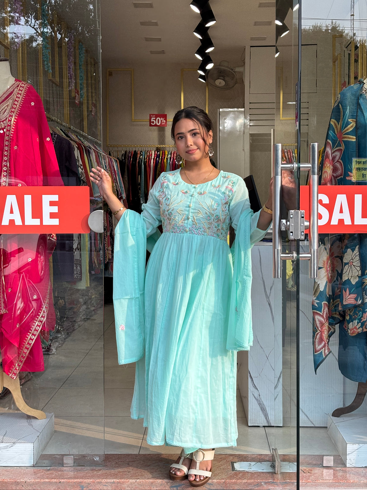 Floral Bloom Anarkali Set – Seafoam Blue